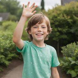 A cheerful 7-year-old boy with brown hair and green eyes, adorned with freckles, is waving with a smile. He's set against the backdrop of a charming garden.