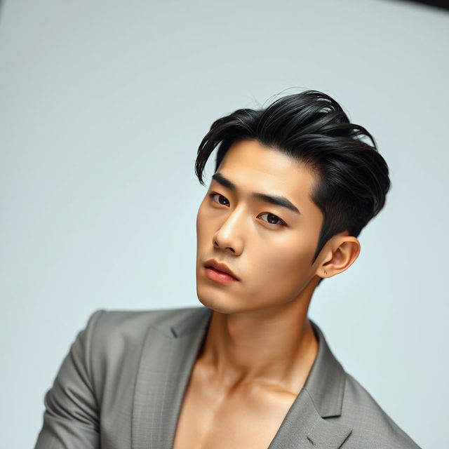 A hot Korean male model with striking features and a confident pose