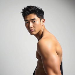 A hot Korean male model with striking features and a confident pose