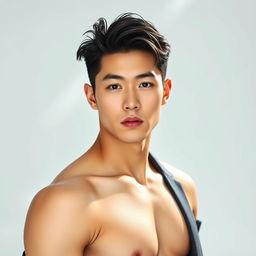 A hot Korean male model with striking features and a confident pose