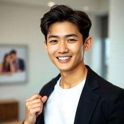 A hot Korean young male model with flawless skin and a fresh, youthful appearance