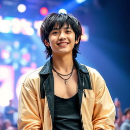 A hot Korean young male K-pop idol with striking features and an electrifying presence