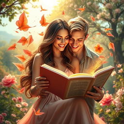 A beautiful woman with long, wavy brown hair, passionately reading a romance novel