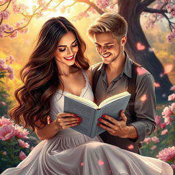 A beautiful woman with long, wavy brown hair, passionately reading a romance novel