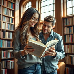 A 20-year-old woman with long, wavy brown hair, passionately reading a romance novel in a cozy library