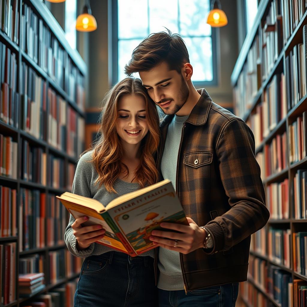 A 20-year-old woman with long, wavy brown hair, passionately reading a romance novel in a cozy library