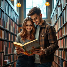 A 20-year-old woman with long, wavy brown hair, passionately reading a romance novel in a cozy library