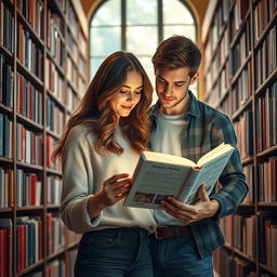 A 20-year-old woman with long, wavy brown hair, passionately reading a romance novel in a cozy library