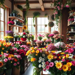 A charming flower shop filled with a vibrant variety of blooming flowers, including roses, tulips, and daisies in an array of colors