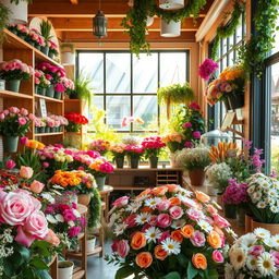 A charming flower shop filled with a vibrant variety of blooming flowers, including roses, tulips, and daisies in an array of colors