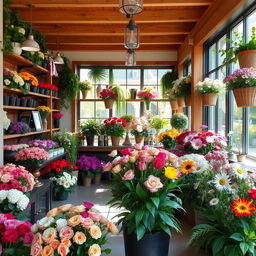 A charming flower shop filled with a vibrant variety of blooming flowers, including roses, tulips, and daisies in an array of colors