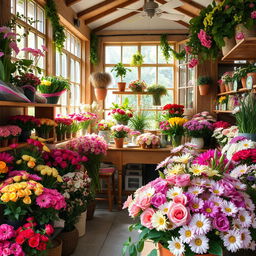 A charming flower shop filled with a vibrant variety of blooming flowers, including roses, tulips, and daisies in an array of colors