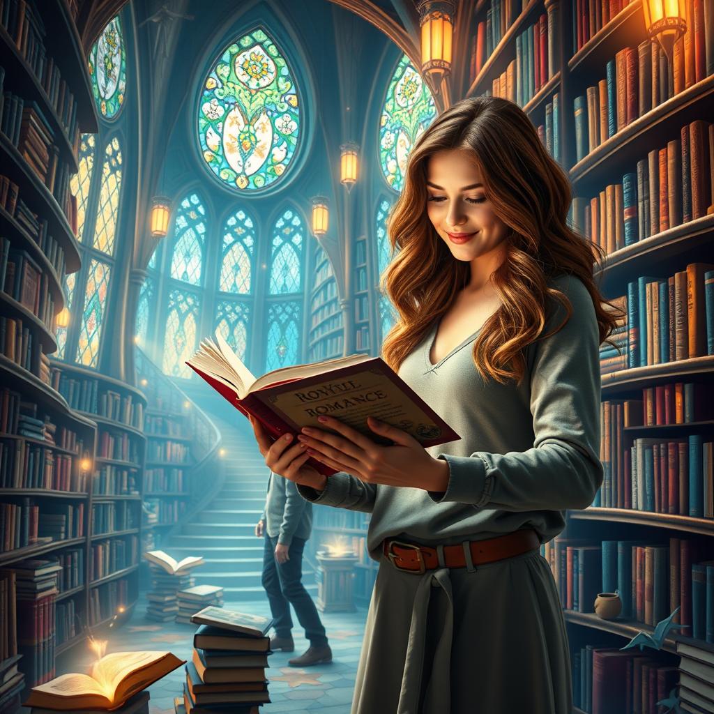 A 20-year-old woman with long, wavy brown hair, passionately reading a romance novel in a whimsical fantasy library