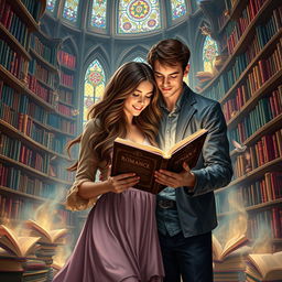 A 20-year-old woman with long, wavy brown hair, passionately reading a romance novel in a whimsical fantasy library