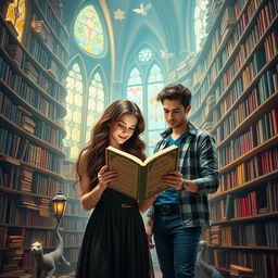 A 20-year-old woman with long, wavy brown hair, passionately reading a romance novel in a whimsical fantasy library