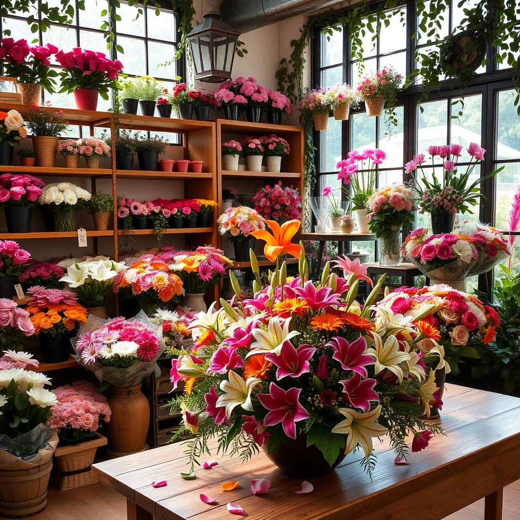 A charming flower shop filled with a vibrant variety of blooming flowers, including roses, lilies, and gerberas in a spectrum of colors