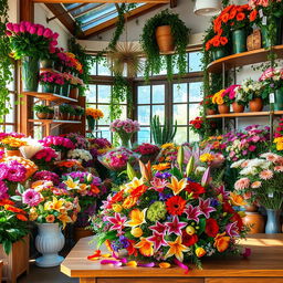 A charming flower shop filled with a vibrant variety of blooming flowers, including roses, lilies, and gerberas in a spectrum of colors