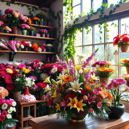 A charming flower shop filled with a vibrant variety of blooming flowers, including roses, lilies, and gerberas in a spectrum of colors