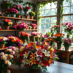 A charming flower shop filled with a vibrant variety of blooming flowers, including roses, lilies, and gerberas in a spectrum of colors