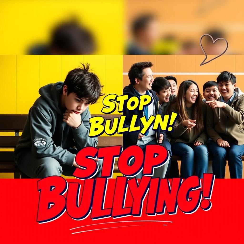 A vibrant and eye-catching YouTube thumbnail on the theme of bullying, featuring a split scene