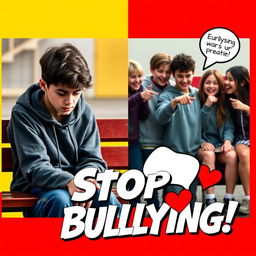 A vibrant and eye-catching YouTube thumbnail on the theme of bullying, featuring a split scene