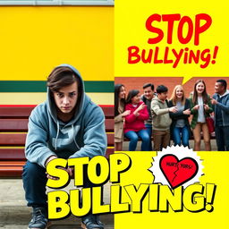 A vibrant and eye-catching YouTube thumbnail on the theme of bullying, featuring a split scene