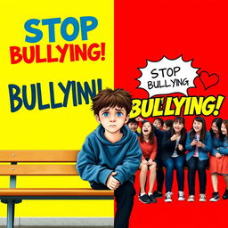 A vibrant and eye-catching YouTube thumbnail on the theme of bullying, featuring a split scene