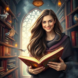 A 20-year-old woman with long brown hair, depicted as a passionate reader, magically entering the pages of a romance novel