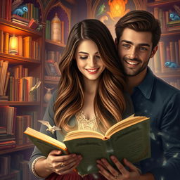 A 20-year-old woman with long brown hair, depicted as a passionate reader, magically entering the pages of a romance novel