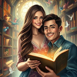 A 20-year-old woman with long brown hair, depicted as a passionate reader, magically entering the pages of a romance novel