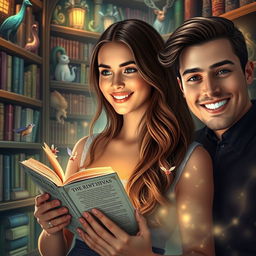 A 20-year-old woman with long brown hair, depicted as a passionate reader, magically entering the pages of a romance novel