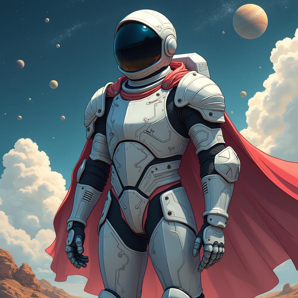 An anime-style illustration of a futuristic astronaut in full space gear, blended creatively with elements of medieval knight armor