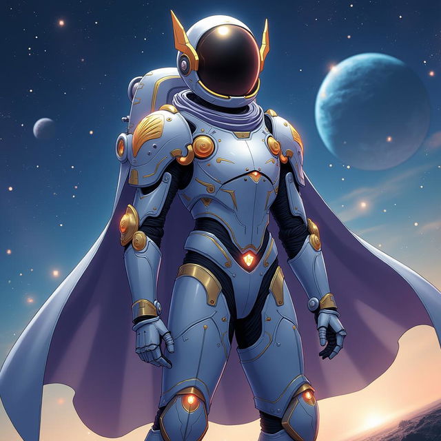 An anime-inspired illustration featuring an astronaut in futuristic space gear combined with the characteristics of a medieval knight