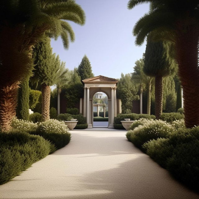 A large, exquisite driveway stretching from an elegant portico to the street, built with superior materials and lined with ornamental plants.