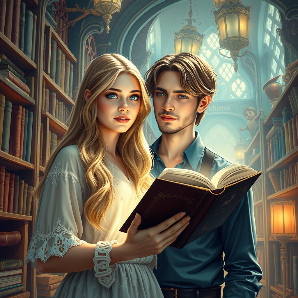 A 20-year-old woman with long blonde hair, depicted as an avid reader, magically stepping into the pages of a romance novel