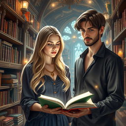 A 20-year-old woman with long blonde hair, depicted as an avid reader, magically stepping into the pages of a romance novel