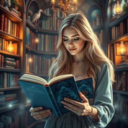 A 20-year-old woman with long blonde hair, depicted as an avid reader, magically stepping into the pages of a romance novel