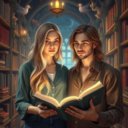 A 20-year-old woman with long blonde hair, depicted as an avid reader, magically stepping into the pages of a romance novel