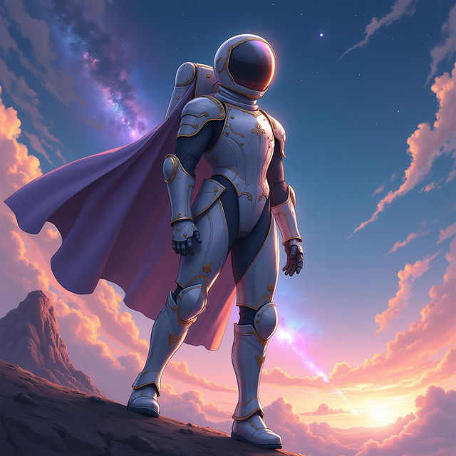 An enchanting anime-inspired illustration depicting an astronaut who embodies the qualities of a medieval knight