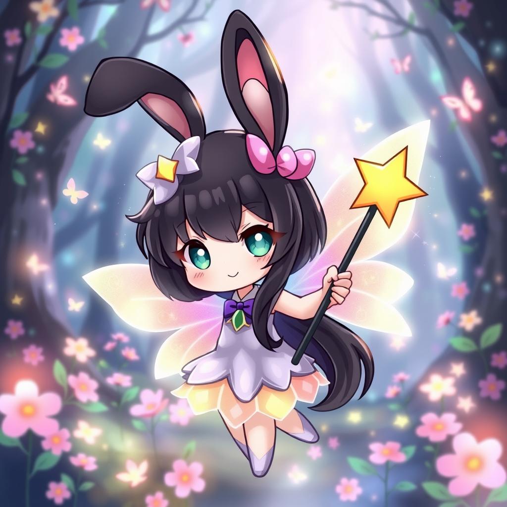 A cute and whimsical character inspired by Kuromi, with black bunny ears and a mischievous smile, adorned with colorful fairy wings that shimmer