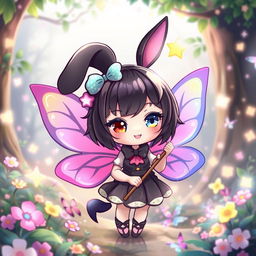 A cute and whimsical character inspired by Kuromi, with black bunny ears and a mischievous smile, adorned with colorful fairy wings that shimmer