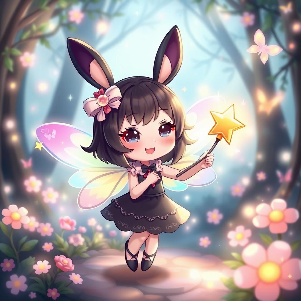 A cute and whimsical character inspired by Kuromi, with black bunny ears and a mischievous smile, adorned with colorful fairy wings that shimmer