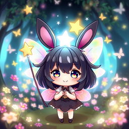 A cute and whimsical character inspired by Kuromi, with black bunny ears and a mischievous smile, adorned with colorful fairy wings that shimmer