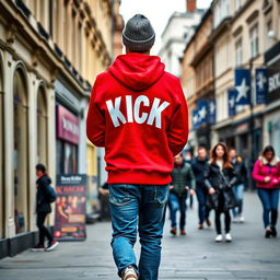 A European man wearing a vibrant red hoodie, featuring a bold white "KICK" printed on the back, viewed from behind