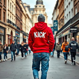 A European man wearing a vibrant red hoodie, featuring a bold white "KICK" printed on the back, viewed from behind