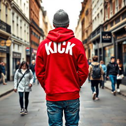 A European man wearing a vibrant red hoodie, featuring a bold white "KICK" printed on the back, viewed from behind