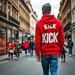 A European man wearing a vibrant red hoodie, featuring a bold white "KICK" printed on the back, viewed from behind