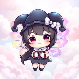 A cute character inspired by Kuromi from Sanrio, featuring her signature black jester hat and mischievous smile