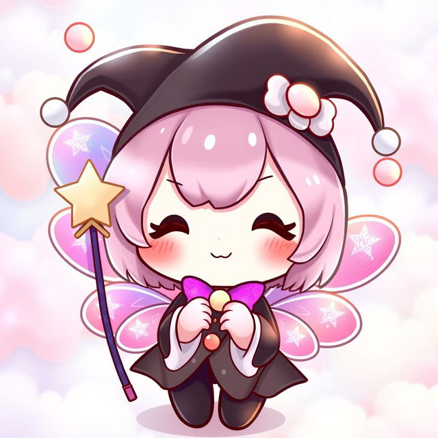 A cute character inspired by Kuromi from Sanrio, featuring her signature black jester hat and mischievous smile