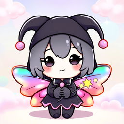 A cute character inspired by Kuromi from Sanrio, featuring her signature black jester hat and mischievous smile